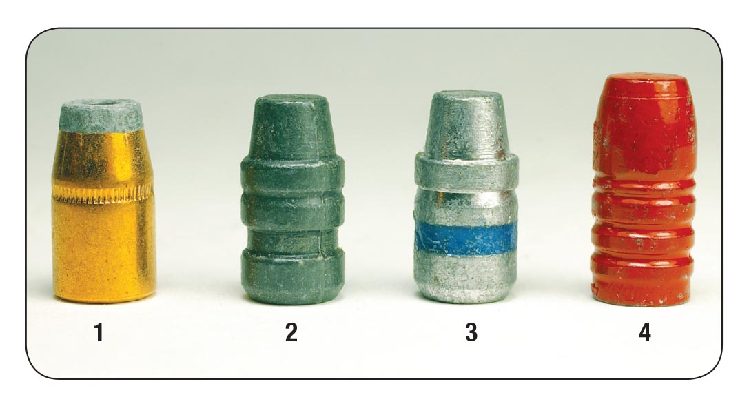 Handgun bullets built with a (1) gilding metal jacket are relatively expensive compared to lead-alloy bullets made with a (2) molybdenum coating, (3) a cannelure-filled lubricant or (4) powder coating.